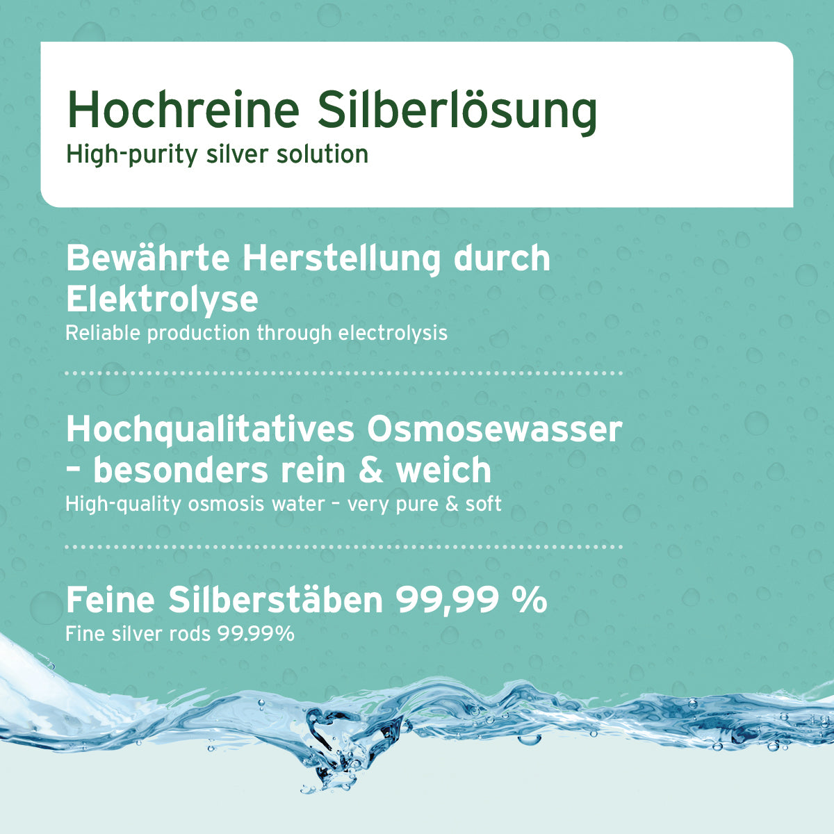 Hochreine Silberlösung mit bewährter Herstellung  durch Elektrolyse, gewonnen aus hochqualitatives Osmosewasser das rein und weich ist