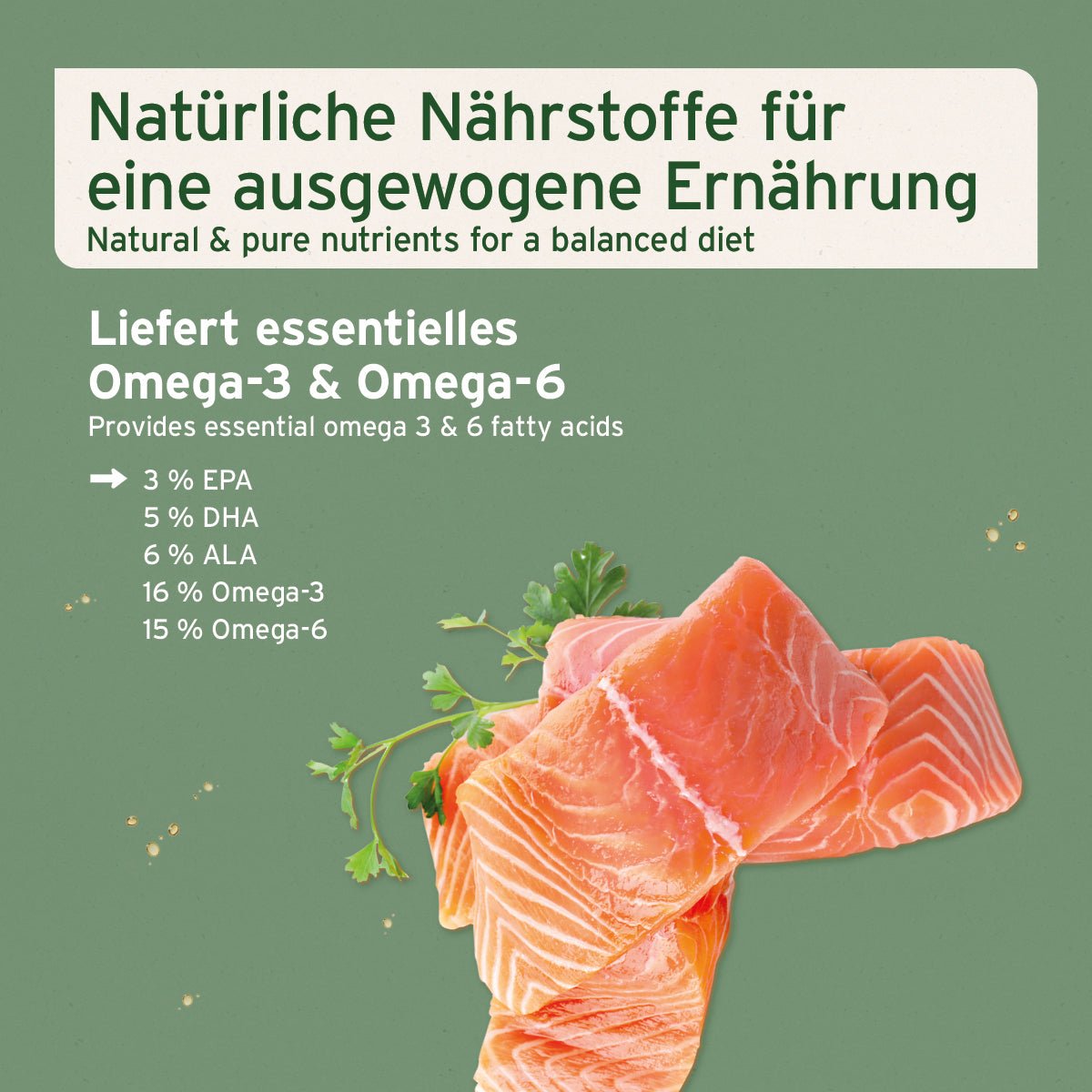 Lachsöl bietet natürliche Nährstoffe für eine ausgewogene Ernährung mit essentielles Omega-3 & -6 davon enthalten 3% EPA, 5% DHA, 6% ALA