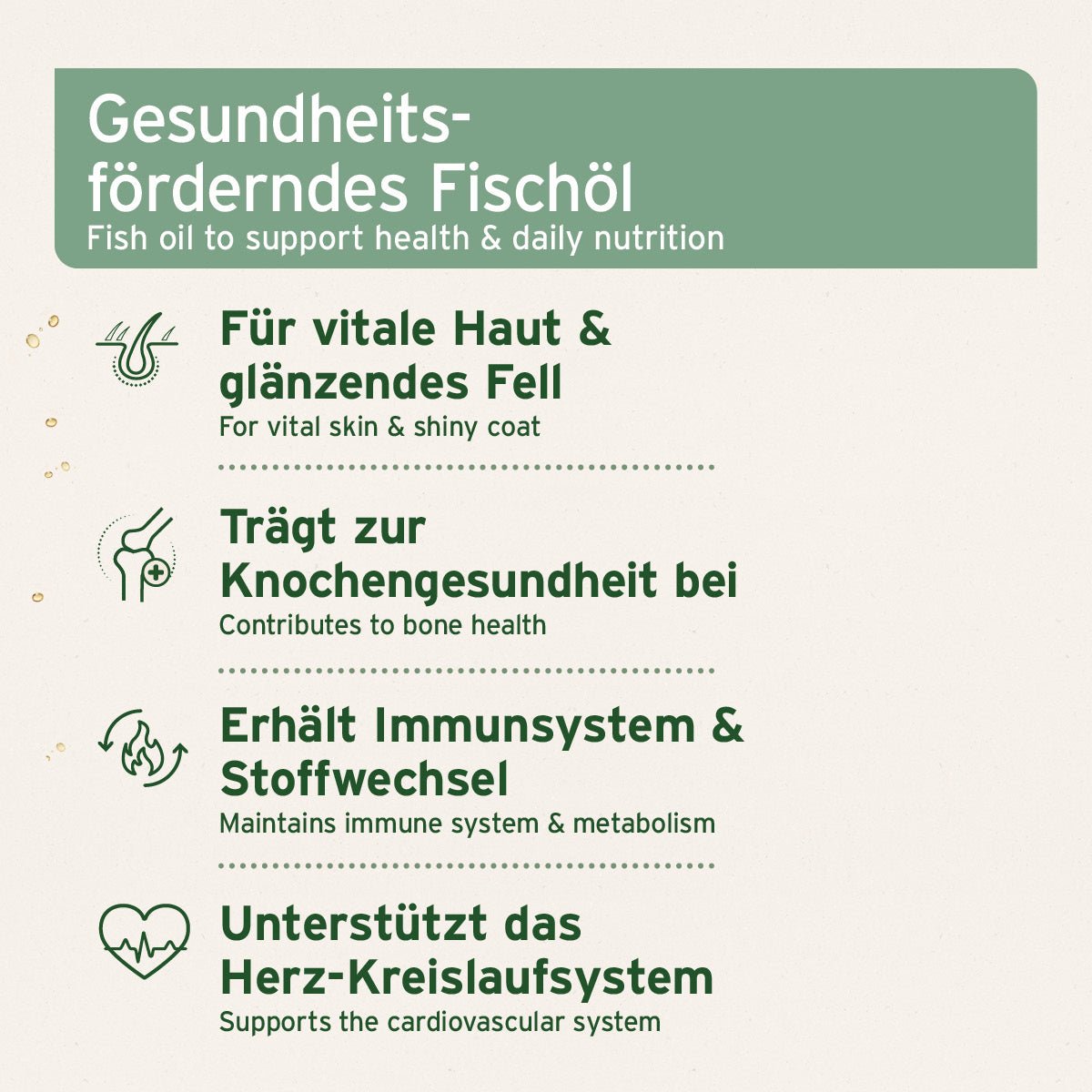 Gesundheitsförderndes Fischöl sorgt für vitale Haut & glänzendes Fell,  trägt zur Knochengesundheit bei, erhält Immunsystem & Stoffwechsel sowie Unterstützt das Herz-Kreislaufsystem