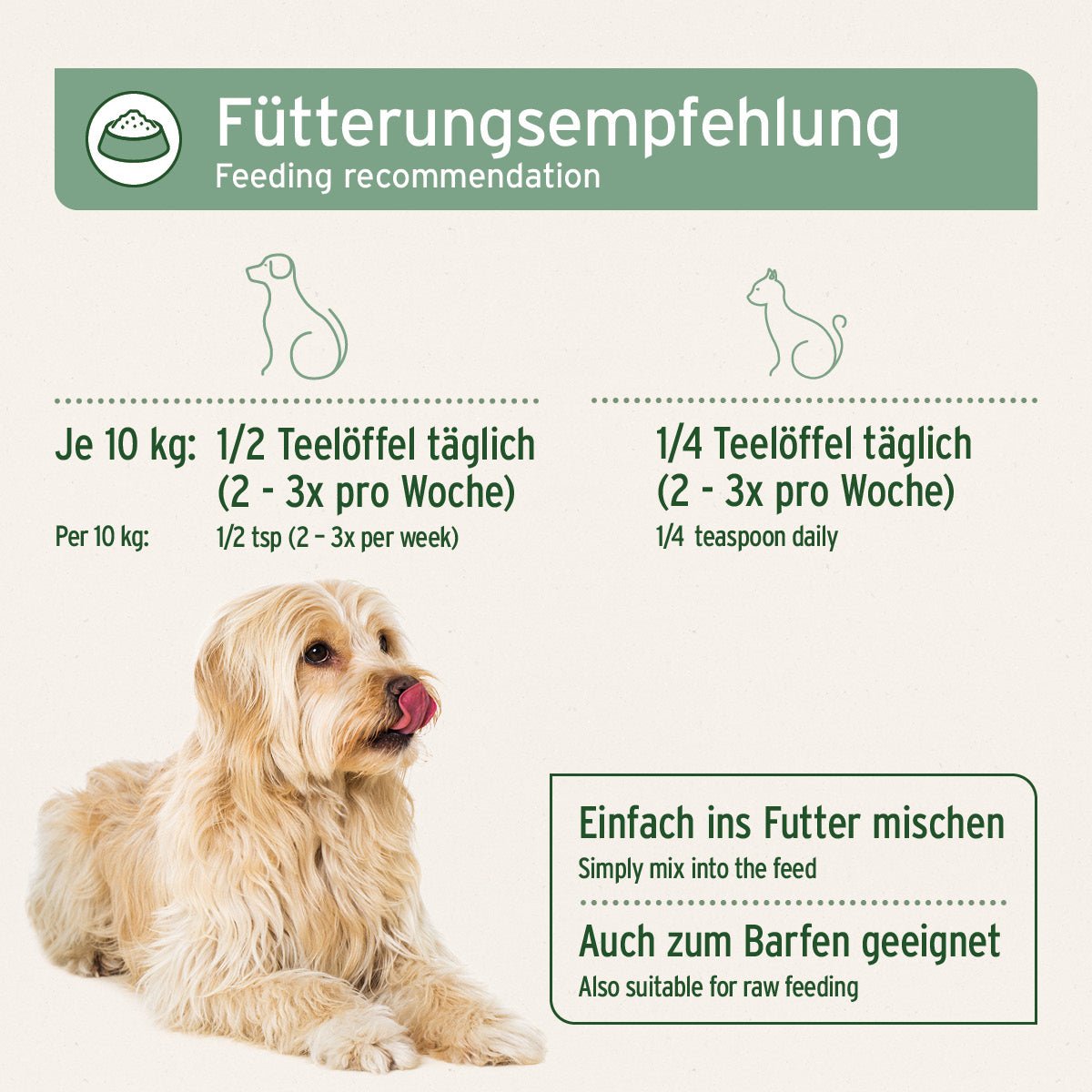 Lebertran Fütterungempfehlung - AniForte bei Hunden je 10kg 1/2 Teelöffel, bei Katzen 1/4 Teelöffel täglich (2-3 Woche) - einfach ins Futter mischen und zum Barfen geeignet