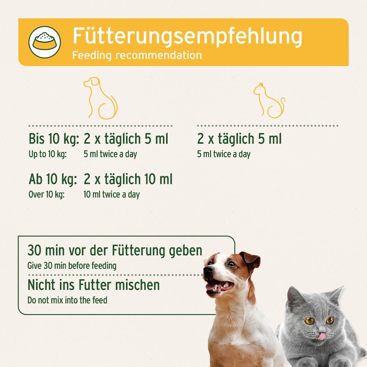 Ulmenrinde Pulver Fütterungsempfehlung für Hunde bis 10 kg: 2x täglich 5 ml, Ab 10 kg: 2x täglich 10 ml, Bei Katzen 2x täglich 5 ml
30 Minuten vor der Fütterung geben und dabei nicht ins Futter mischen